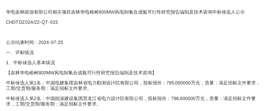 中标 | 吉林华电榆树800MW风电制氢合成氨可行性研究报告编制及技术咨询中标候选人公示(图1)